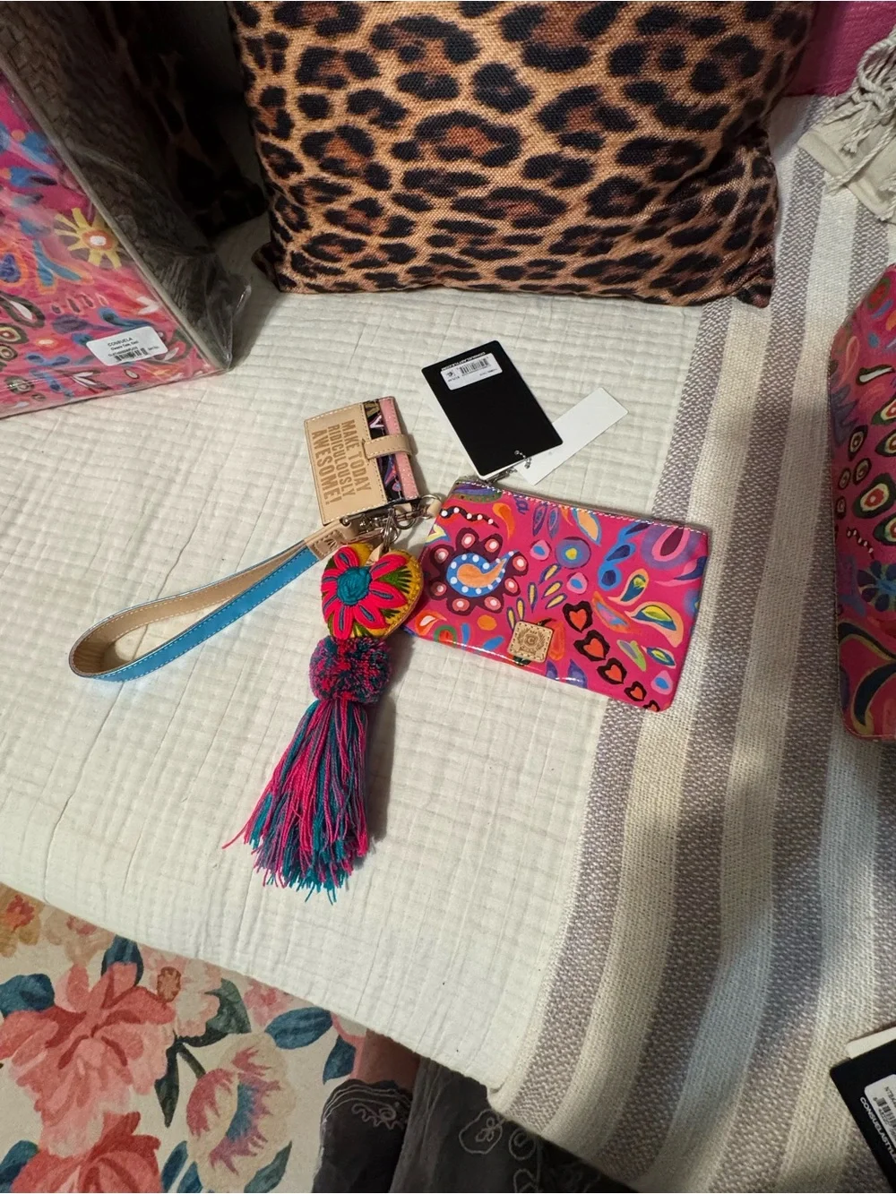 Colorful Combi Floral Heart Tassel Wristlet Keychain with Card Holder and zipper